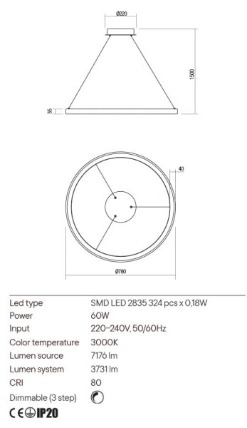 Lustră LED dimabilă pe cablu Redo 01-2676 ICONIC LED/60W/230V d. 78 cm auriu