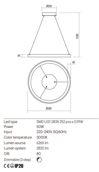 Lustră LED dimabilă pe cablu Redo 01-2674 ICONIC LED/50W/230V d. 58 cm negru