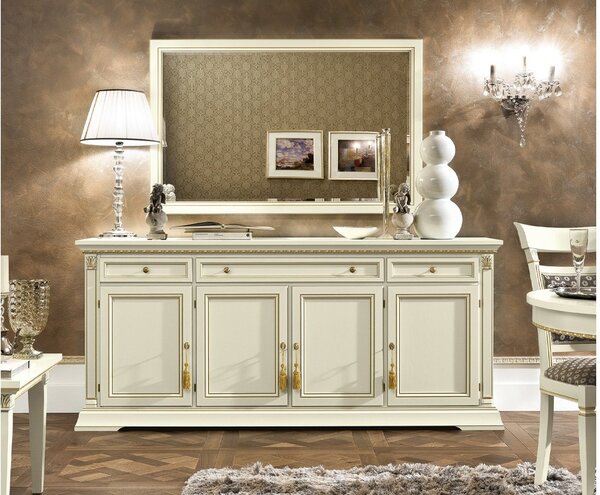 Comodă lemn masiv crem Victoria Patinat, 202 × 50 × 90 cm