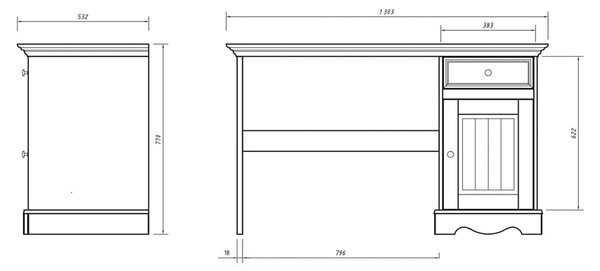 Birou lemn masiv alb Linea, 130 × 53 × 77 cm