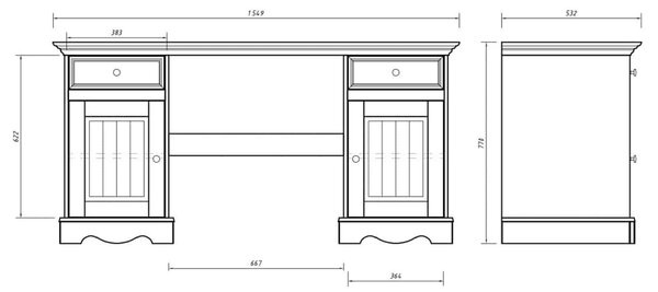 Birou lemn masiv alb Linea, 155 × 54 × 77 cm