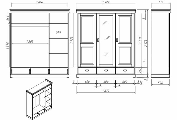 Dulap lemn masiv natur Florence, 193 × 62 × 218 cm