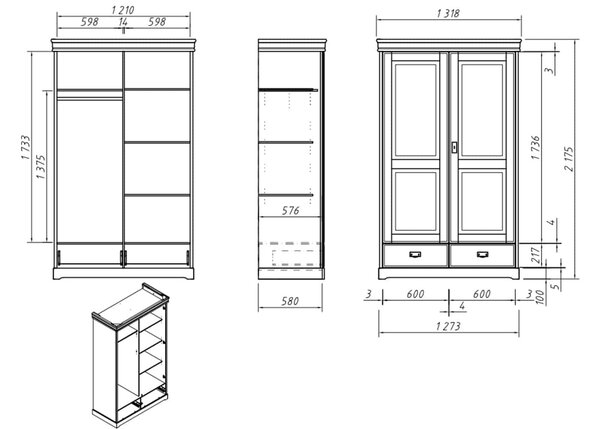 Dulap lemn masiv alb Florence, 132 × 62 × 218 cm