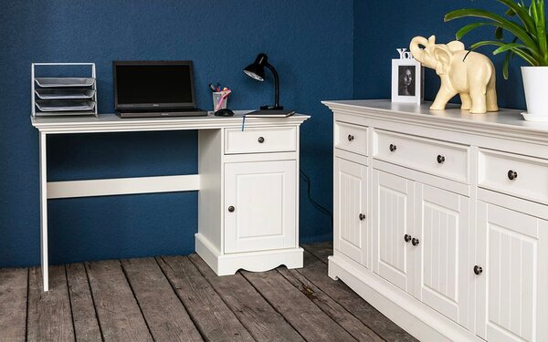 Birou lemn masiv alb Linea, 130 × 53 × 77 cm
