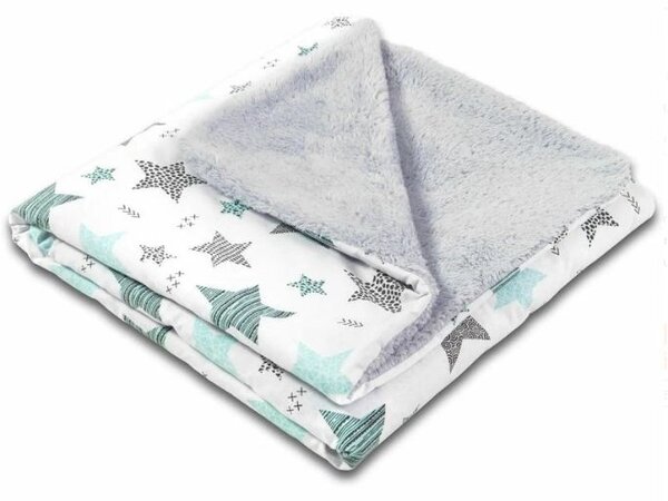Set paturica dubla pufoasa cu doua fete 100x78 cm si perna bebelusi contra plagiocefaliei Kidizi All Mint Stars