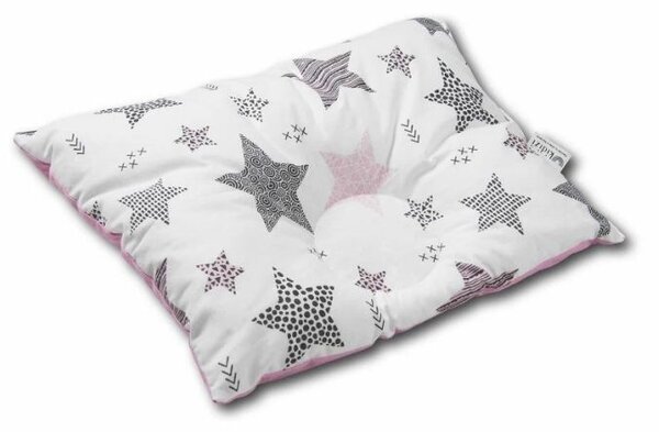 Set paturica dubla pufoasa cu doua fete 100x78 cm si perna bebelusi contra plagiocefaliei Kidizi Pink Stars