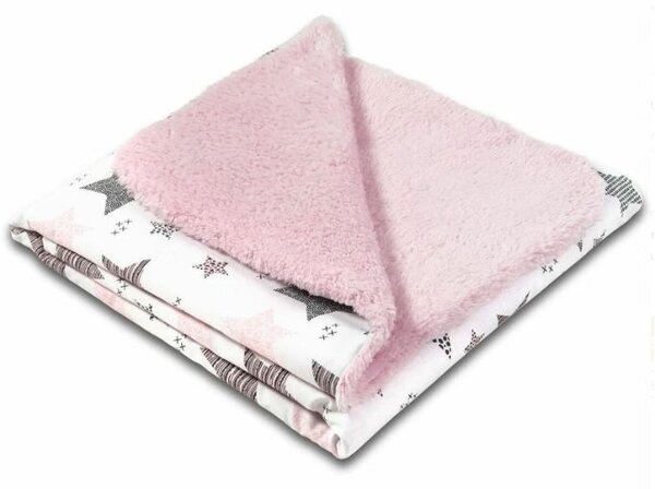 Set paturica dubla pufoasa cu doua fete 100x78 cm si perna bebelusi contra plagiocefaliei Kidizi Pink Stars
