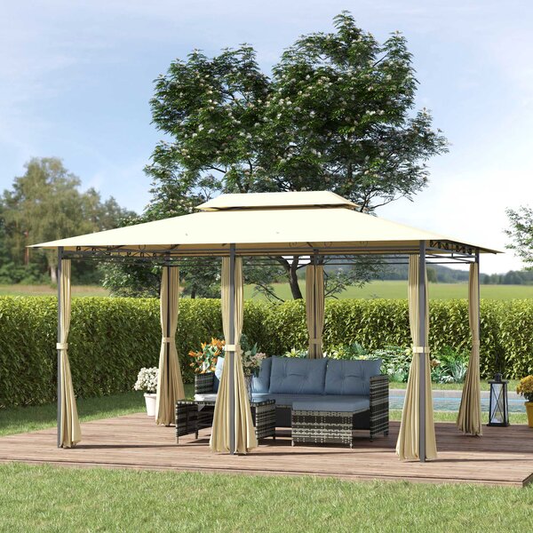 Outsunny Foisor de Gradina 3x4 m cu Perdele si Acoperis cu 2 Niveluri din Otel si Poliester, Alb Crem | Aosom Romania