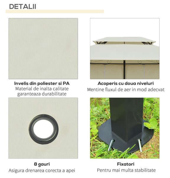 Outsunny Foisor de Gradina 3x4 m cu Perdele si Acoperis cu 2 Niveluri din Otel si Poliester, Alb Crem | Aosom Romania