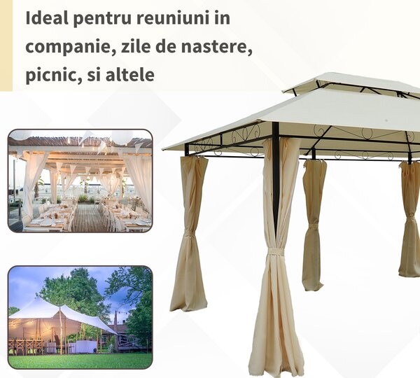 Outsunny Foisor de Gradina 3x4 m cu Perdele si Acoperis cu 2 Niveluri din Otel si Poliester, Alb Crem | Aosom Romania