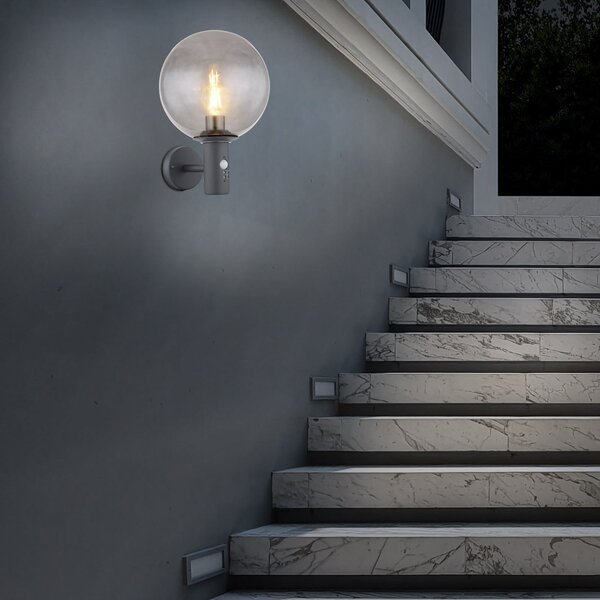 Globo Lampa de perete pentru exterior Hedwig, antracit/fum, senzor, IP44, E27, Gri, Sticlă