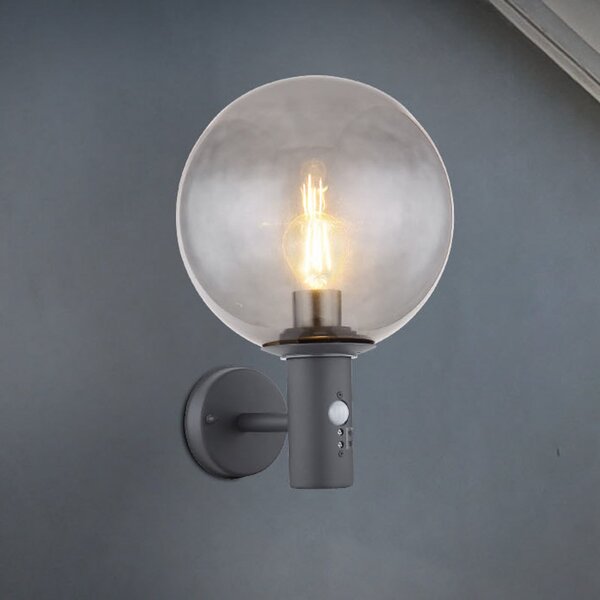 Globo Lampa de perete pentru exterior Hedwig, antracit/fum, senzor, IP44, E27, Gri, Sticlă