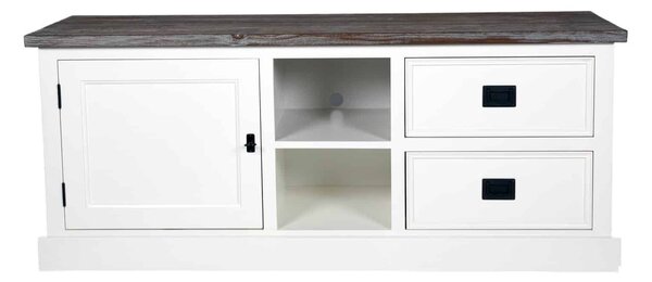 Comodă TV lemn masiv alb Lahoma 5 compartimente /Maro, 133 × 43 × 55 cm