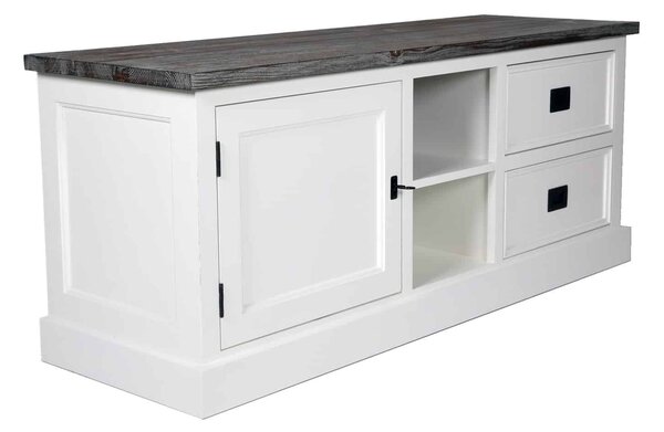 Comodă TV lemn masiv alb Lahoma 5 compartimente /Maro, 133 × 43 × 55 cm