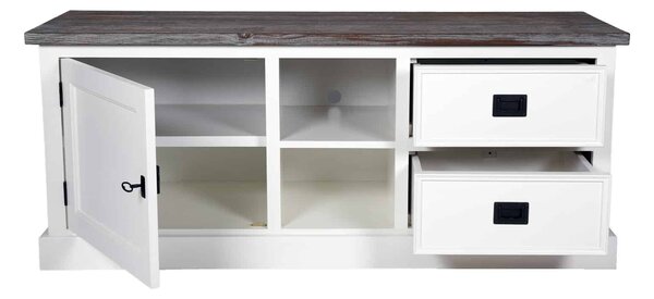 Comodă TV lemn masiv alb Lahoma 5 compartimente /Maro, 133 × 43 × 55 cm