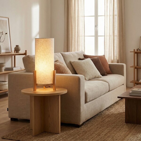 Näve Lampă de masă Madita LED, înălțime 48 cm, natural/linen, reglabil, Lemn, Camera de zi / sufragerie, Lemn