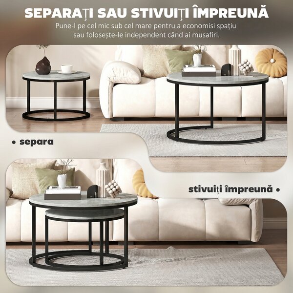 HOMCOM Set 2 măsuțe de cafea moderne, suprapuse, rotunde, gri marmorat | Aosom Romania