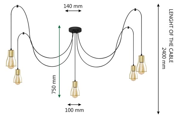 Lustră pe cablu TUBE LONG 5xE27/15W/230V negru/auriu