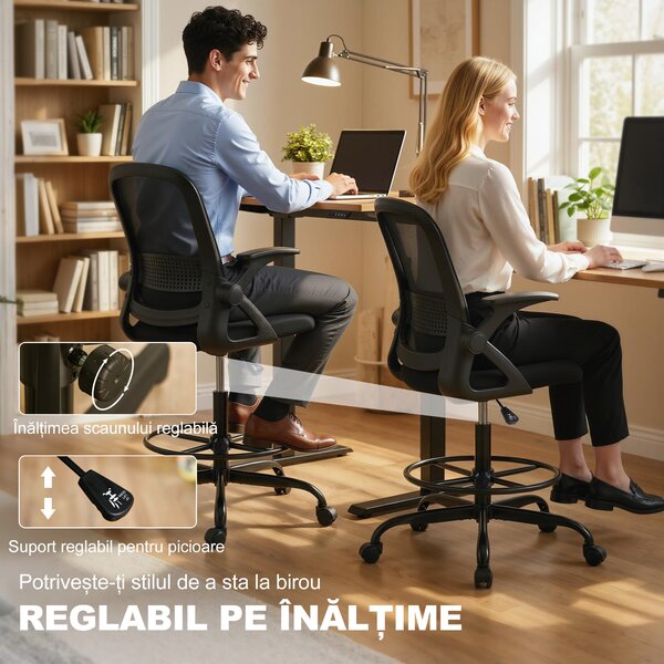 HOMCOM Scaun de Birou Ergonomic, Scaun Rotativ din Plasă, Înălțime Reglabilă și Suport pentru Picioare, Scaun de Birou cu Suport Lombar și Brațe Rabatabile, Capacitate 120kg, Negru | Aosom Romania