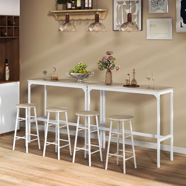 HOMCOM Set masă înaltă de bar + 2 scaune cu structură din oțel și blat cu aspect de lemn natural, pentru 2 persoane, alb | Aosom Romania