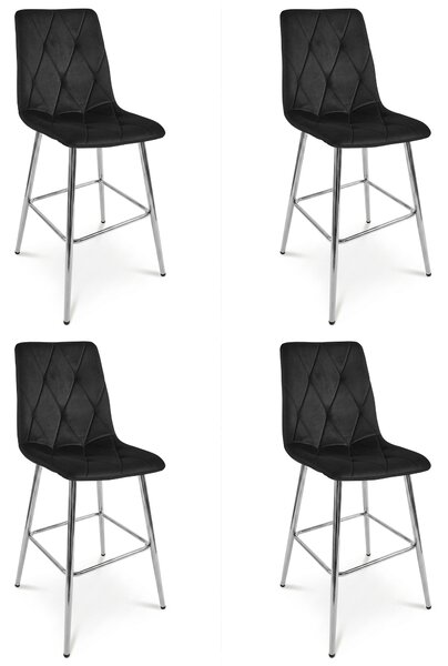 Set 4 Scaune Bar Fido XL Catifea Gri Neagra, Picioare Metalice Crom