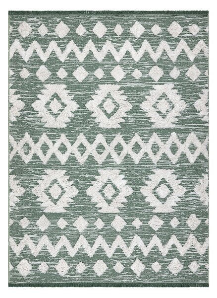 Covor ECO SISAL BOHO MOROC Etno Zig zag 22319 franjuri - două niveluri de lână verde / cremă, covor reciclat
