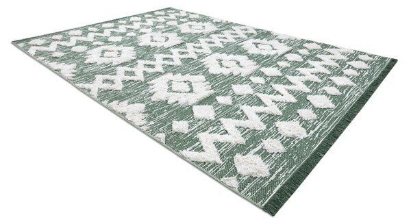 Covor ECO SISAL BOHO MOROC Etno Zig zag 22319 franjuri - două niveluri de lână verde / cremă, covor reciclat