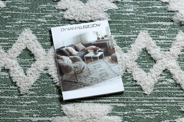 Covor ECO SISAL BOHO MOROC Etno Zig zag 22319 franjuri - două niveluri de lână verde / cremă, covor reciclat