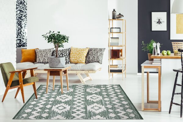 Covor ECO SISAL BOHO MOROC Etno Zig zag 22319 franjuri - două niveluri de lână verde / cremă, covor reciclat