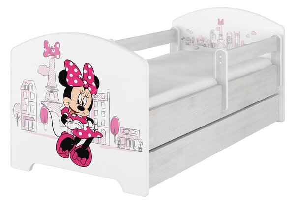 Patut pentru copii cu bariera - Minnie Mouse in Paris - alb 140x70 cm pat fără spațiu de depozitare