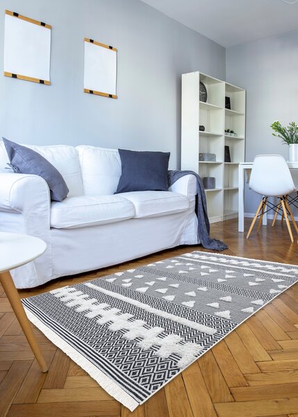 Covor ECO SISAL BOHO MOROC Geometric 22321 franjuri - două niveluri de lână cremă / gri, covor reciclat