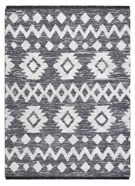 Covor ECO SISAL BOHO MOROC Etno Zig zag 22319 franjuri - două niveluri de lână gri / cremă, covor reciclat