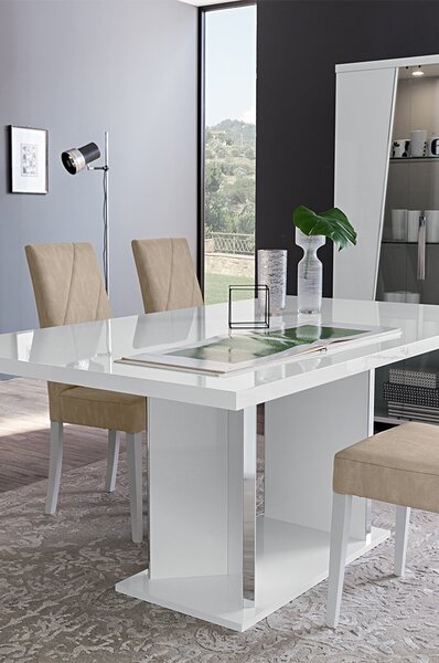 Set lemn masiv masă și scaune Lisa White - 4 scaune, 180 × 104 × 76 cm