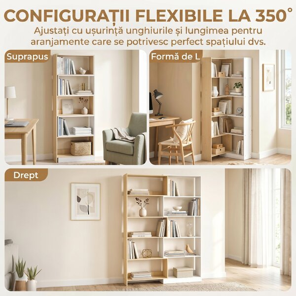 HOMCOM Bibliotecă de Colț cu 5 Polițe, Design Rotativ 350°, Lemn/Alb | Aosom Romania