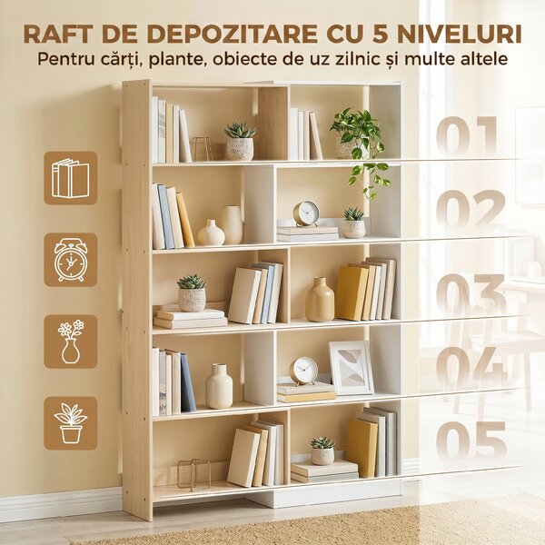 HOMCOM Bibliotecă de Colț cu 5 Polițe, Design Rotativ 350°, Lemn/Alb | Aosom Romania