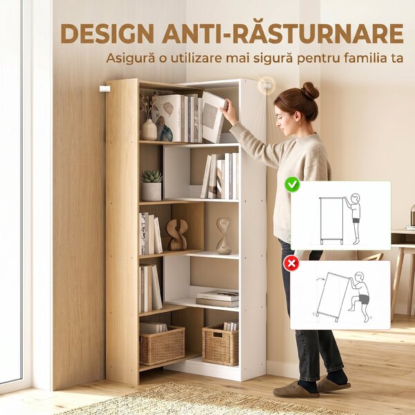 HOMCOM Bibliotecă de Colț cu 5 Polițe, Design Rotativ 350°, Lemn/Alb | Aosom Romania
