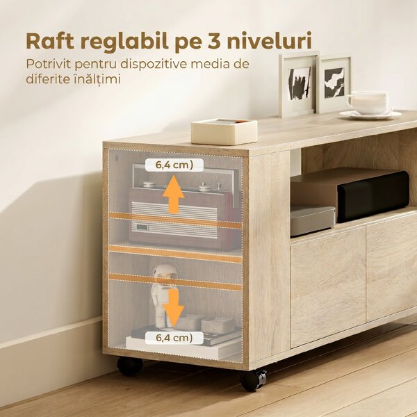 HOMCOM Suport pentru TV de 42" cu Roți Pivotante și Frână, Rafturi Ajustabile și Sertare, 102x34.5x48.5 cm, Lemn | Aosom Romania
