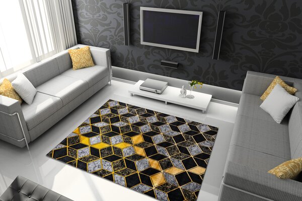 Modern GLOSS covor 400B 86 stilat, glamour, art deco, 3D geometric negru / aur