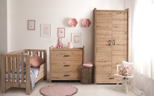 Pătuț lemn masiv alb pentru bebeluși Amelie II 120×60 cm /Stejar - Alb, Da