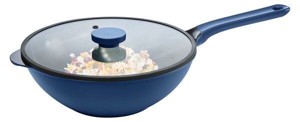 Tigaie wok cu capac 30cm, invelis Qualum Ceramic, Cobalt