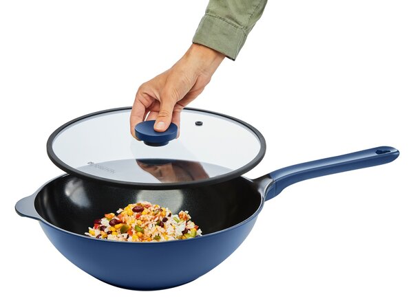 Tigaie wok cu capac 30cm, invelis Qualum Ceramic, Cobalt