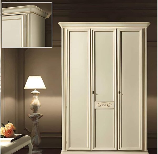 Dulap lemn masiv crem 3 Uși Bologna Patinat, 153 × 65 × 240 cm - Fara oglinda