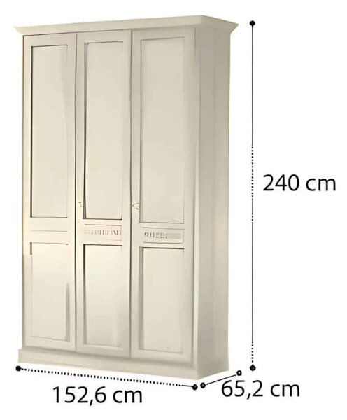 Dulap lemn masiv crem 3 Uși Bologna Patinat, 153 × 65 × 240 cm - Fara oglinda