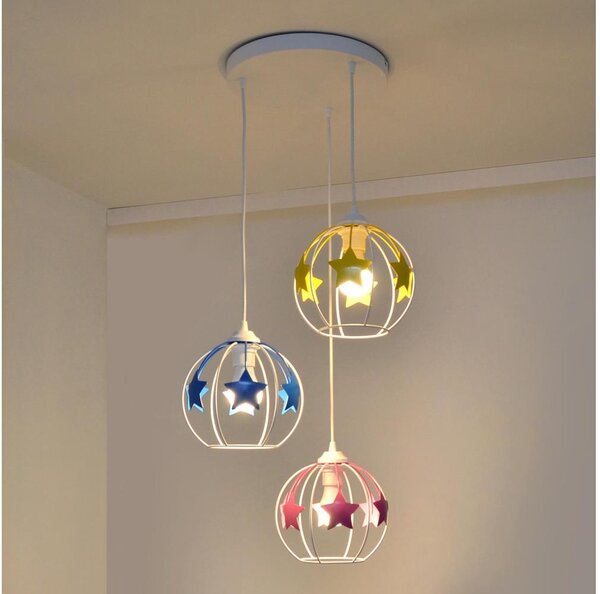 Lustră pe cablu pentru copii STARS 3xE27/15W/230V albastru/roz/galben