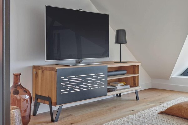 Comodă TV stejar masiv Edge Multiple Dimensiuni - 121 x 42 x 55 cm, Blanc celeste