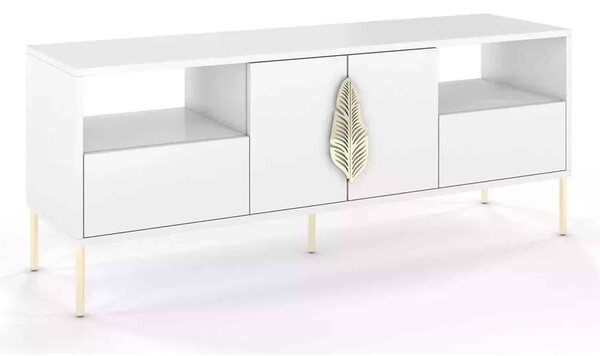 Comodă TV lemn masiv Merlin Personalizabilă Accesorii placate cu Aur, 136 × 40 × 60 cm - Alb