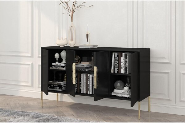 Comodă lemn masiv Merlin Personalizabilă Accesorii placate cu Aur, 138 × 40 × 79 cm - Alb