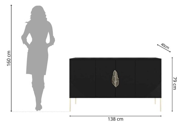 Comodă lemn masiv Merlin Personalizabilă Accesorii placate cu Aur, 138 × 40 × 79 cm - Alb