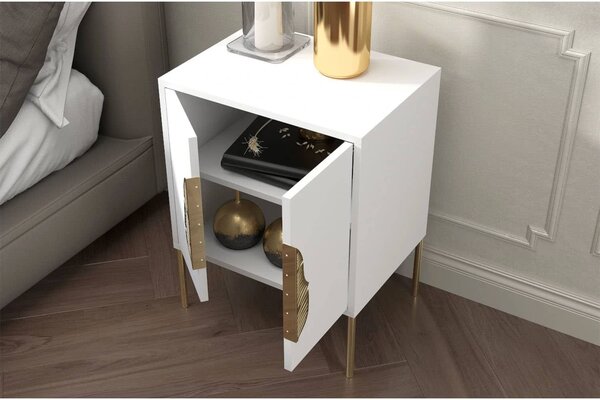 Noptieră lemn masiv Merlin Personalizabilă Accesorii placate cu Aur, 54 × 40 × 69 cm - Alb