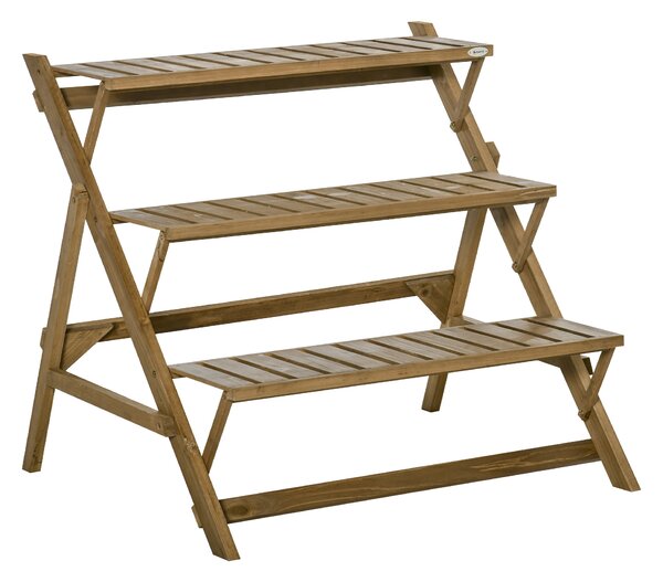 Outsunny Scarita Suport Plante cu 3 Rafturi care se Inchid, Raft pentru Plante de Exterior, Scarita Suport Plante din Lemn de Brad